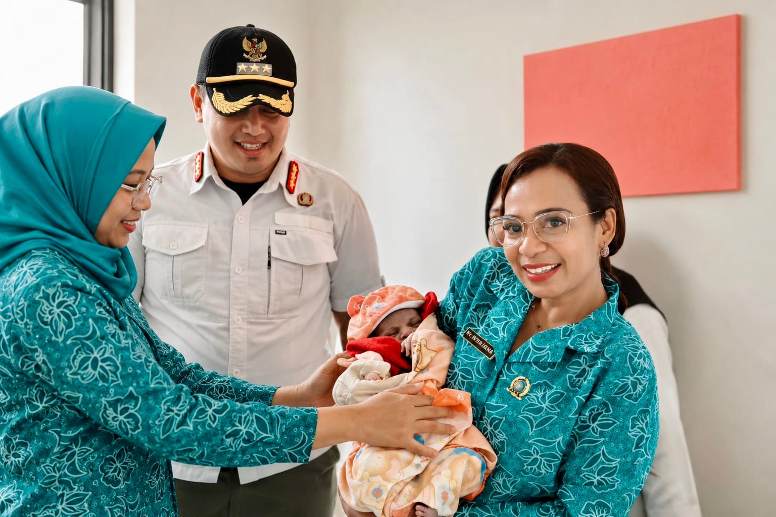 Wakil Ketua I TP-PKK Ny. Anitha Hening Yocku, saat menggendong bayi yang baru lahir didampingi Kepala Distrik Nimboran, Ridwan Wijayanto, S.STP., M.KP., Ketua TP-PKK Distrik Nimboran Ny. Bunga Pratiwi, S.IP.